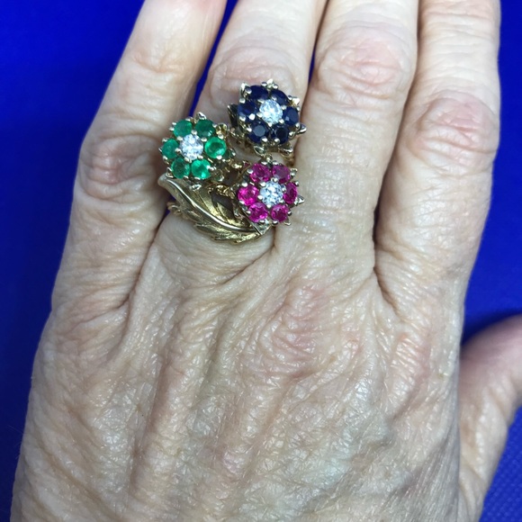Vintage Tulip Ring - Stacking Rings - Emerald, Ruby & Sapphire - Picture 6 of 7
